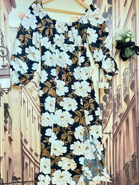 Old Navy Maxi Dress with White & Brown Floral Print